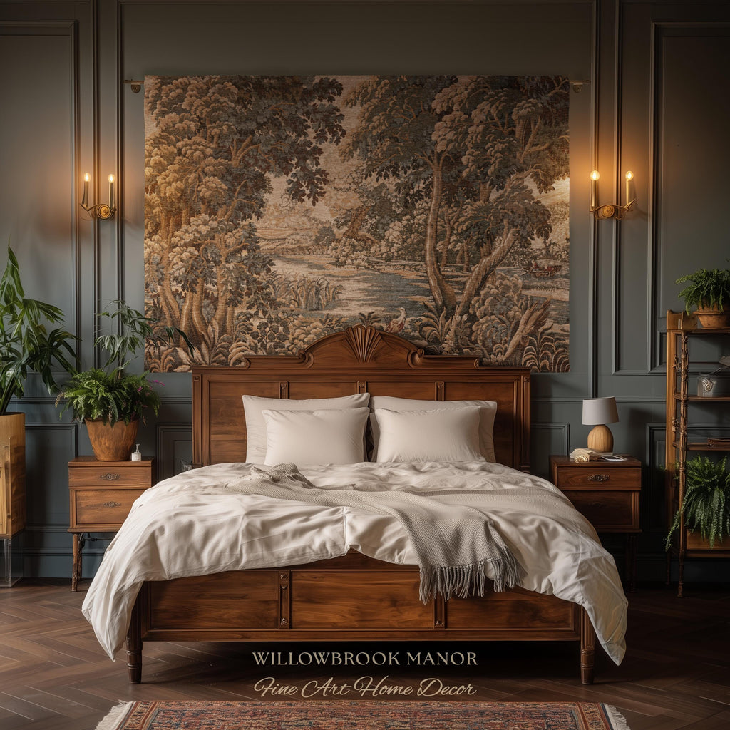 Earthy European Waterway Woven Tapestry | Forest Clearing French Landscape Verdure Wildlife Rustic European Jacquard Throw Blanket Heritage