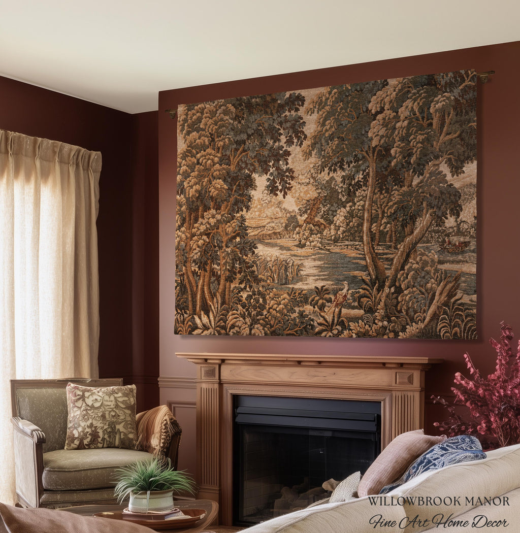 Earthy European Waterway Woven Tapestry | Forest Clearing French Landscape Verdure Wildlife Rustic European Jacquard Throw Blanket Heritage