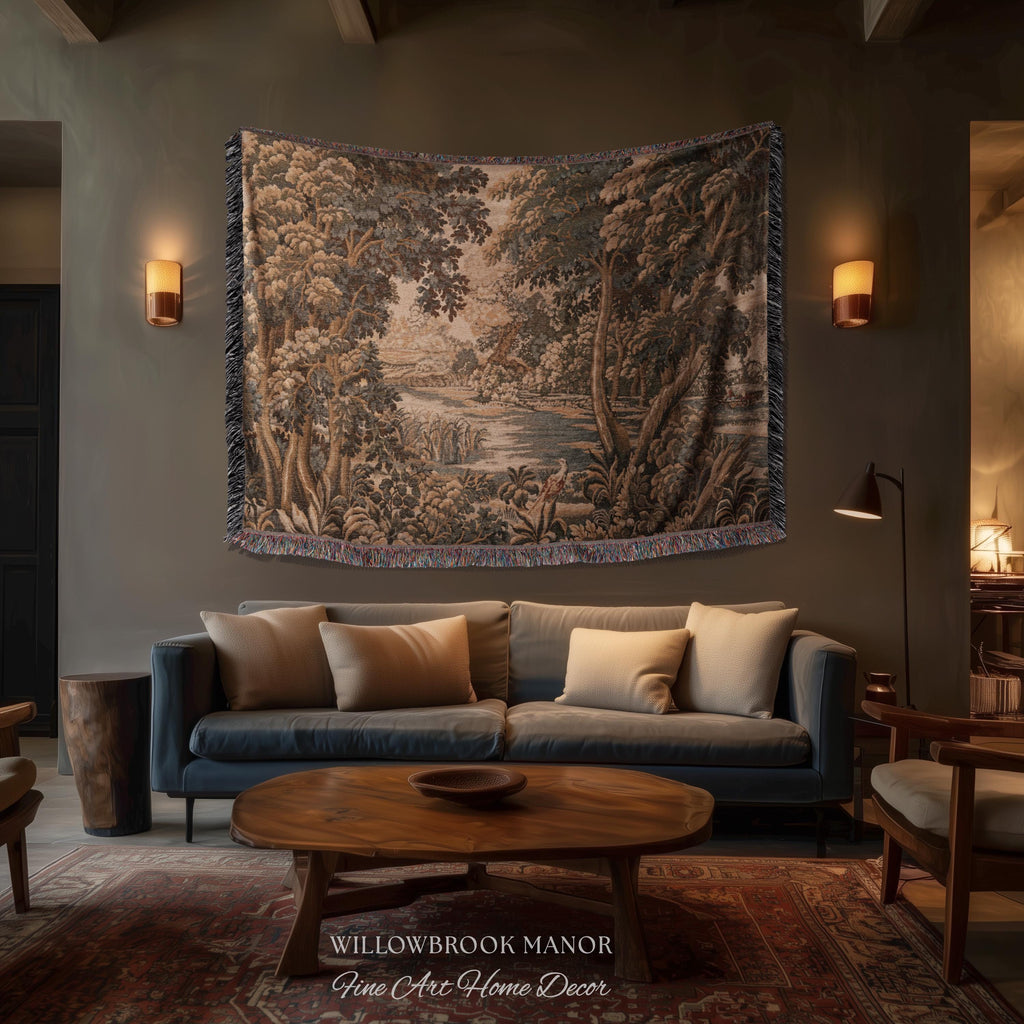 Earthy European Waterway Woven Tapestry | Forest Clearing French Landscape Verdure Wildlife Rustic European Jacquard Throw Blanket Heritage