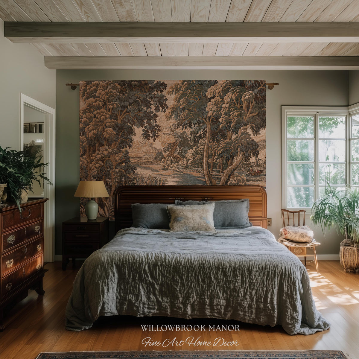 Earthy European Waterway Woven Tapestry | Forest Clearing French Landscape Verdure Wildlife Rustic European Jacquard Throw Blanket Heritage