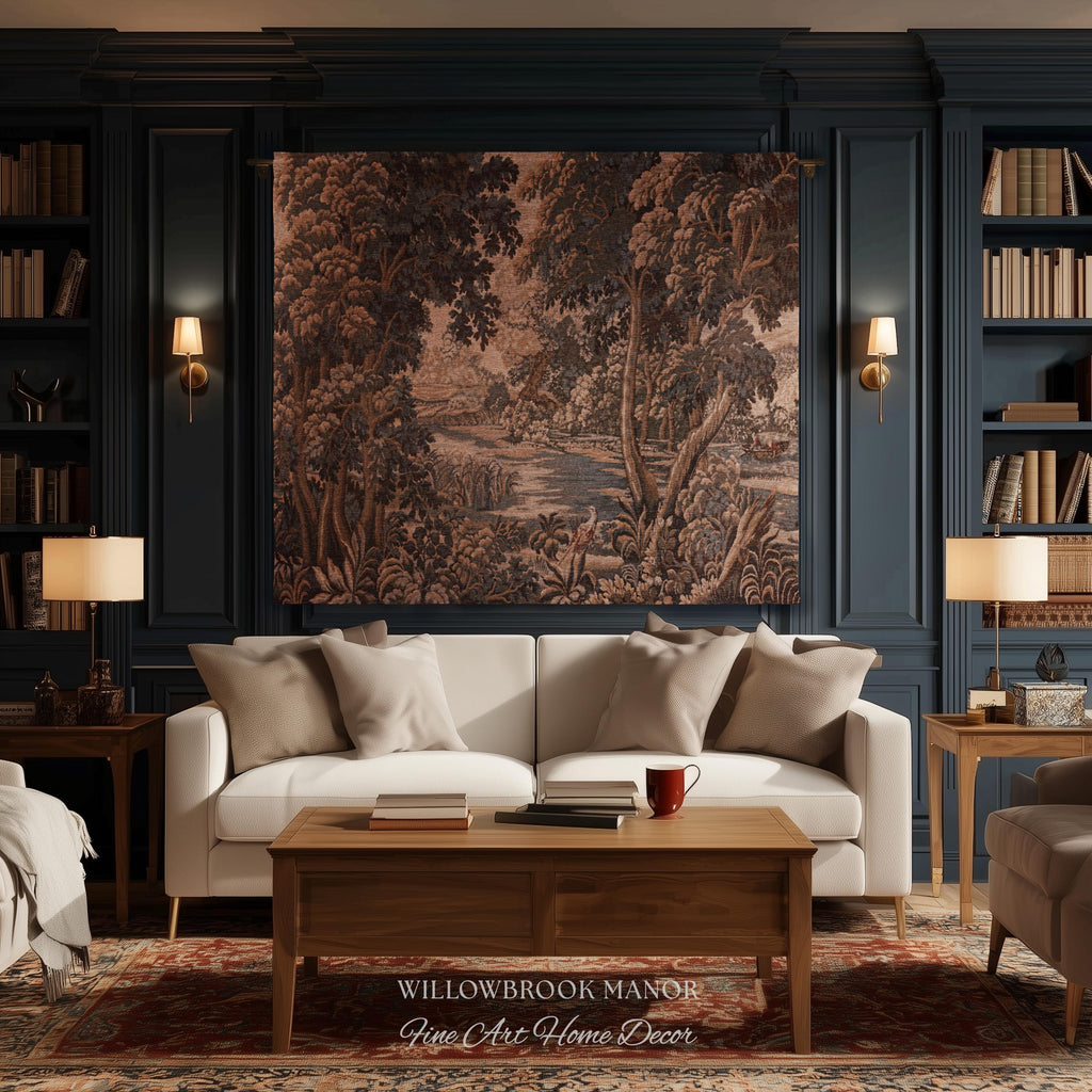 Earthy European Waterway Woven Tapestry | Forest Clearing French Landscape Verdure Wildlife Rustic European Jacquard Throw Blanket Heritage