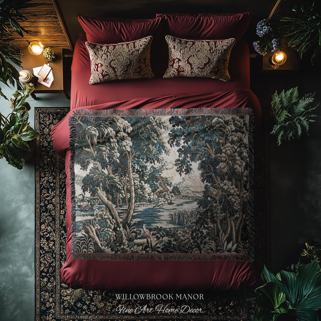 Baroque Pastoral Forest Riverbank Scene Flemish Tapestry Woven Verdure | European Village Antique Textile Heritage Art Countryside Blanket