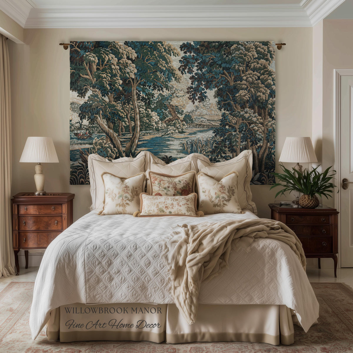 Baroque Pastoral Forest Riverbank Scene Flemish Tapestry Woven Verdure | European Village Antique Textile Heritage Art Countryside Blanket