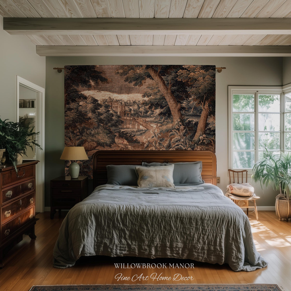 Burnt Umber Castle Landscape Tapestry Art Hanging, Golden Elegance Tranquil Room Accent Rococo English Cottage Woven Jacquard Luxury Textile