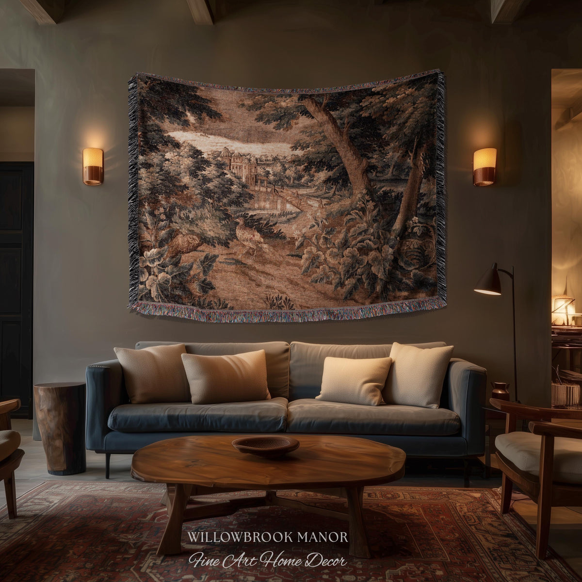 Burnt Umber Castle Landscape Tapestry Art Hanging, Golden Elegance Tranquil Room Accent Rococo English Cottage Woven Jacquard Luxury Textile