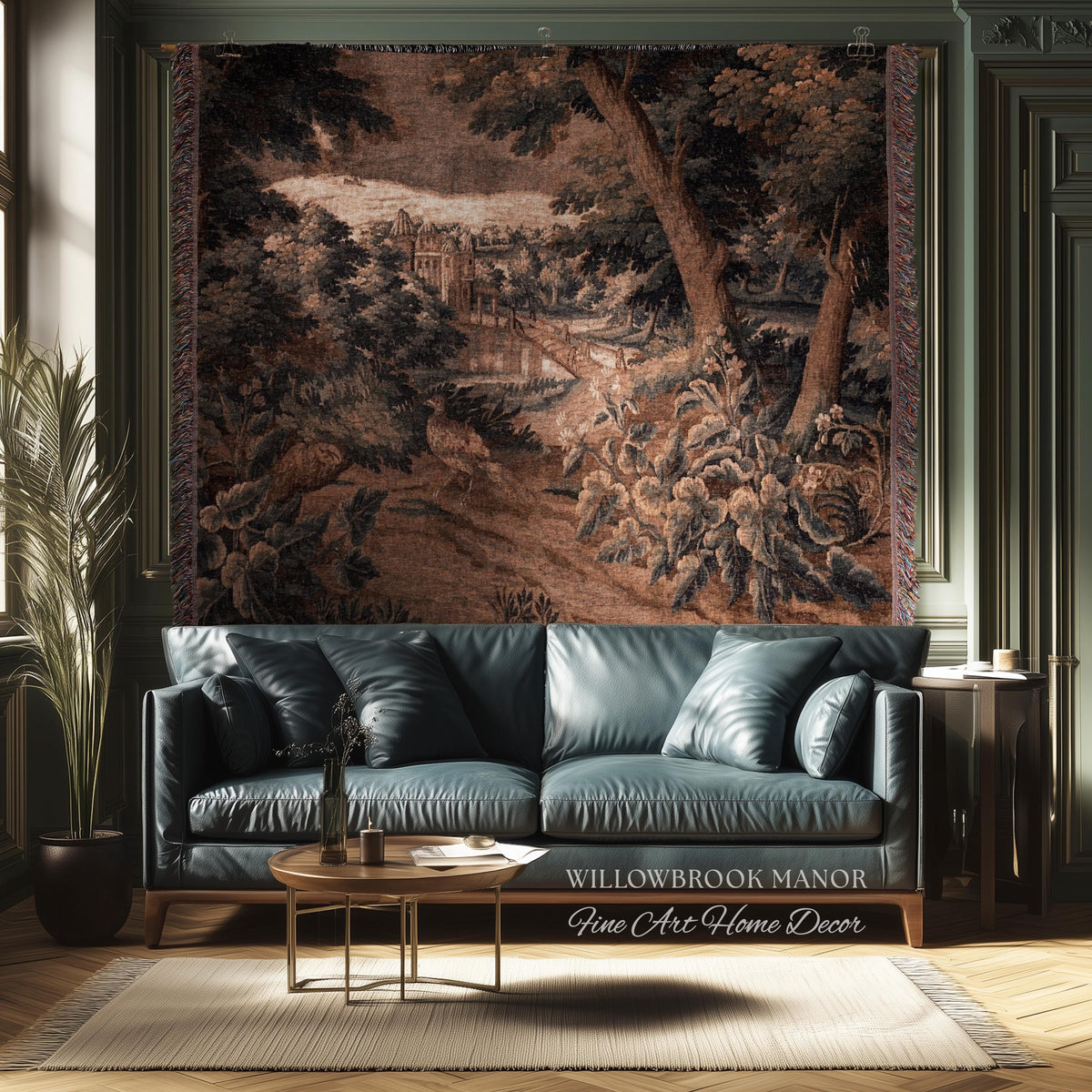 Burnt Umber Castle Landscape Tapestry Art Hanging, Golden Elegance Tranquil Room Accent Rococo English Cottage Woven Jacquard Luxury Textile