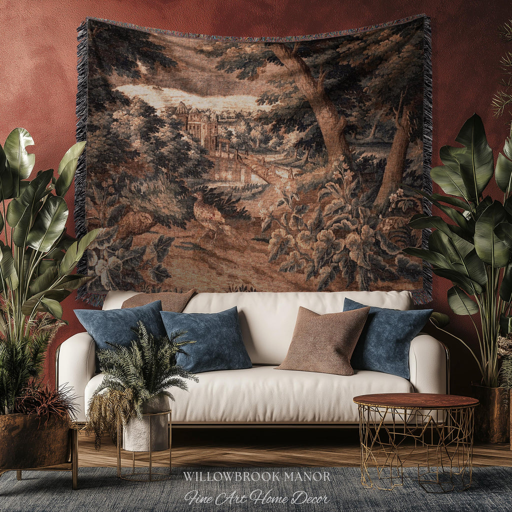Burnt Umber Castle Landscape Tapestry Art Hanging, Golden Elegance Tranquil Room Accent Rococo English Cottage Woven Jacquard Luxury Textile