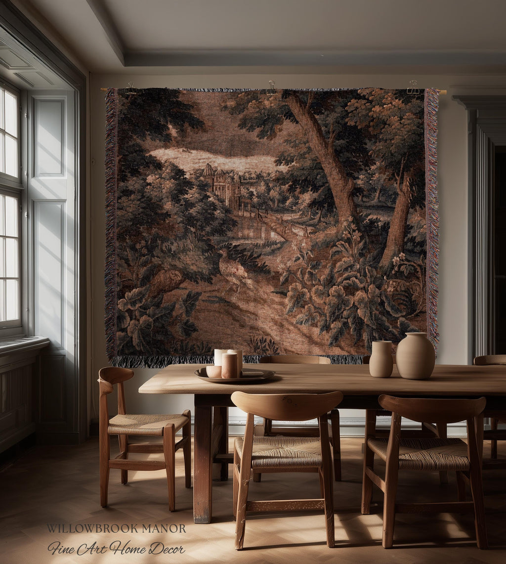 Burnt Umber Castle Landscape Tapestry Art Hanging, Golden Elegance Tranquil Room Accent Rococo English Cottage Woven Jacquard Luxury Textile