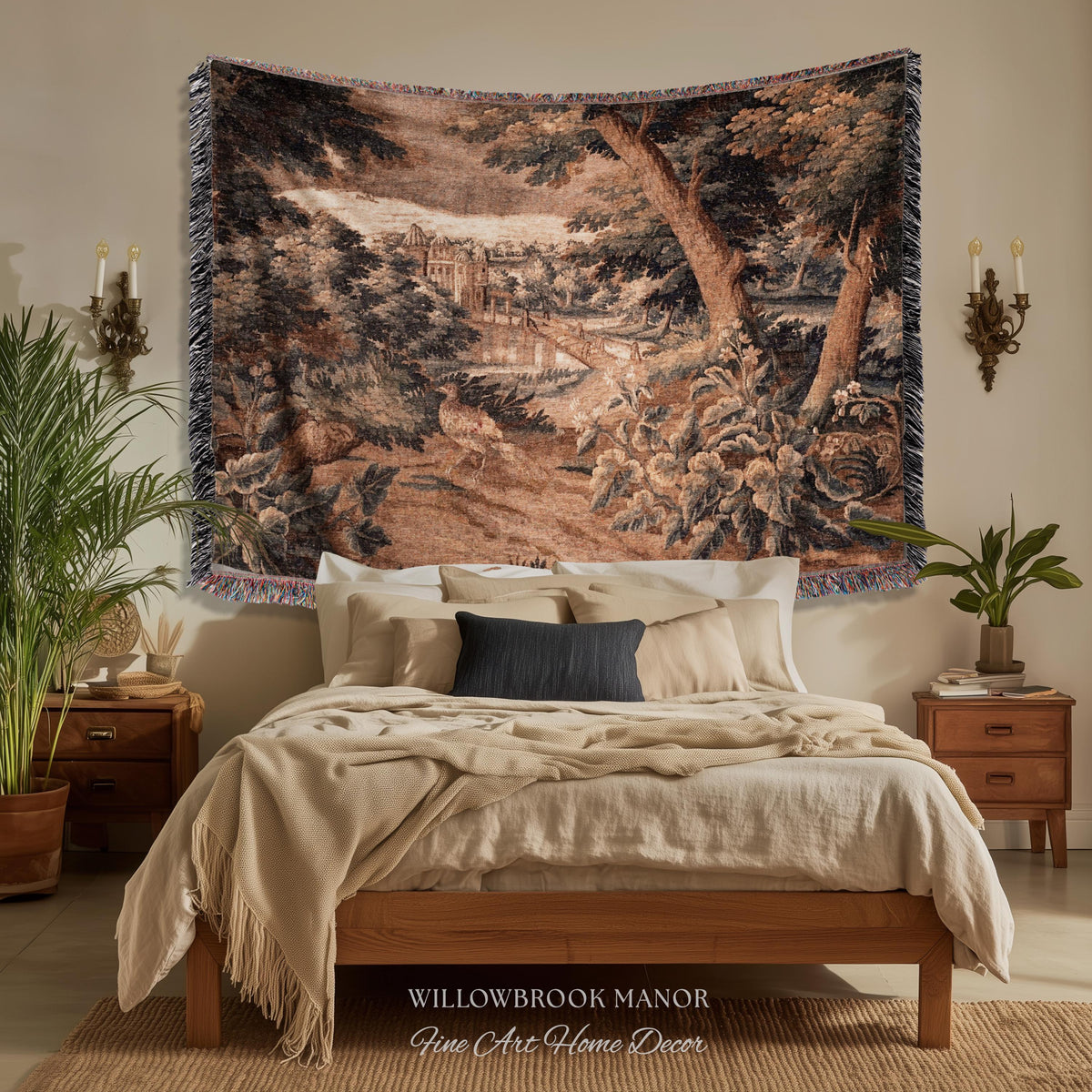 Burnt Umber Castle Landscape Tapestry Art Hanging, Golden Elegance Tranquil Room Accent Rococo English Cottage Woven Jacquard Luxury Textile