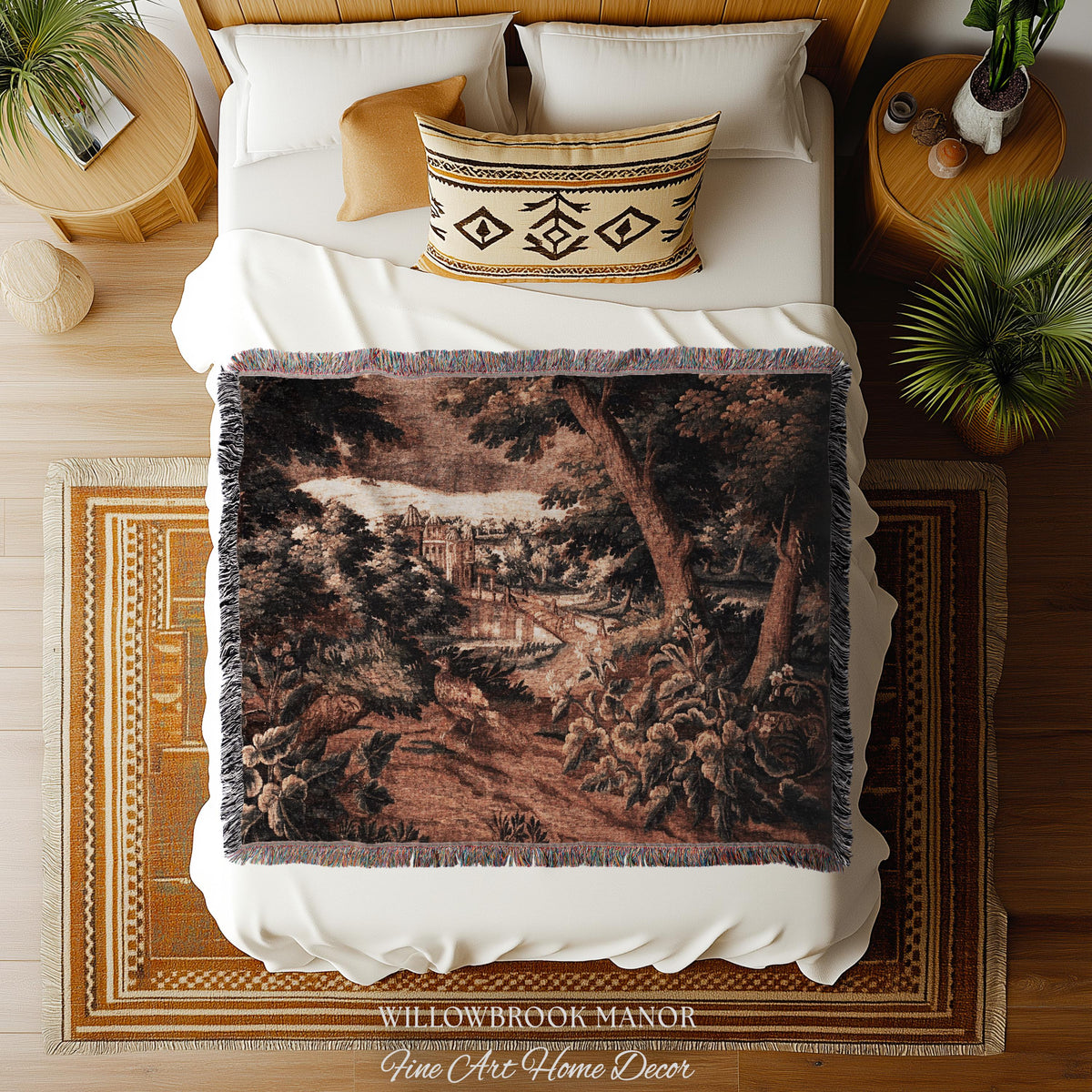 Burnt Umber Castle Landscape Tapestry Art Hanging, Golden Elegance Tranquil Room Accent Rococo English Cottage Woven Jacquard Luxury Textile