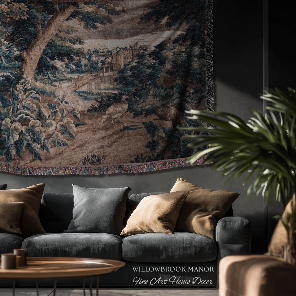 Indigo Botanical Flemish Art Verdure Antique Tapestry, Woodland Birds Traditional Historic Countryside Woven Textile Classical Belgian Decor