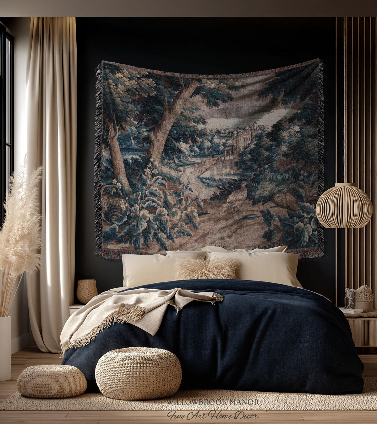 Indigo Botanical Flemish Art Verdure Antique Tapestry, Woodland Birds Traditional Historic Countryside Woven Textile Classical Belgian Decor