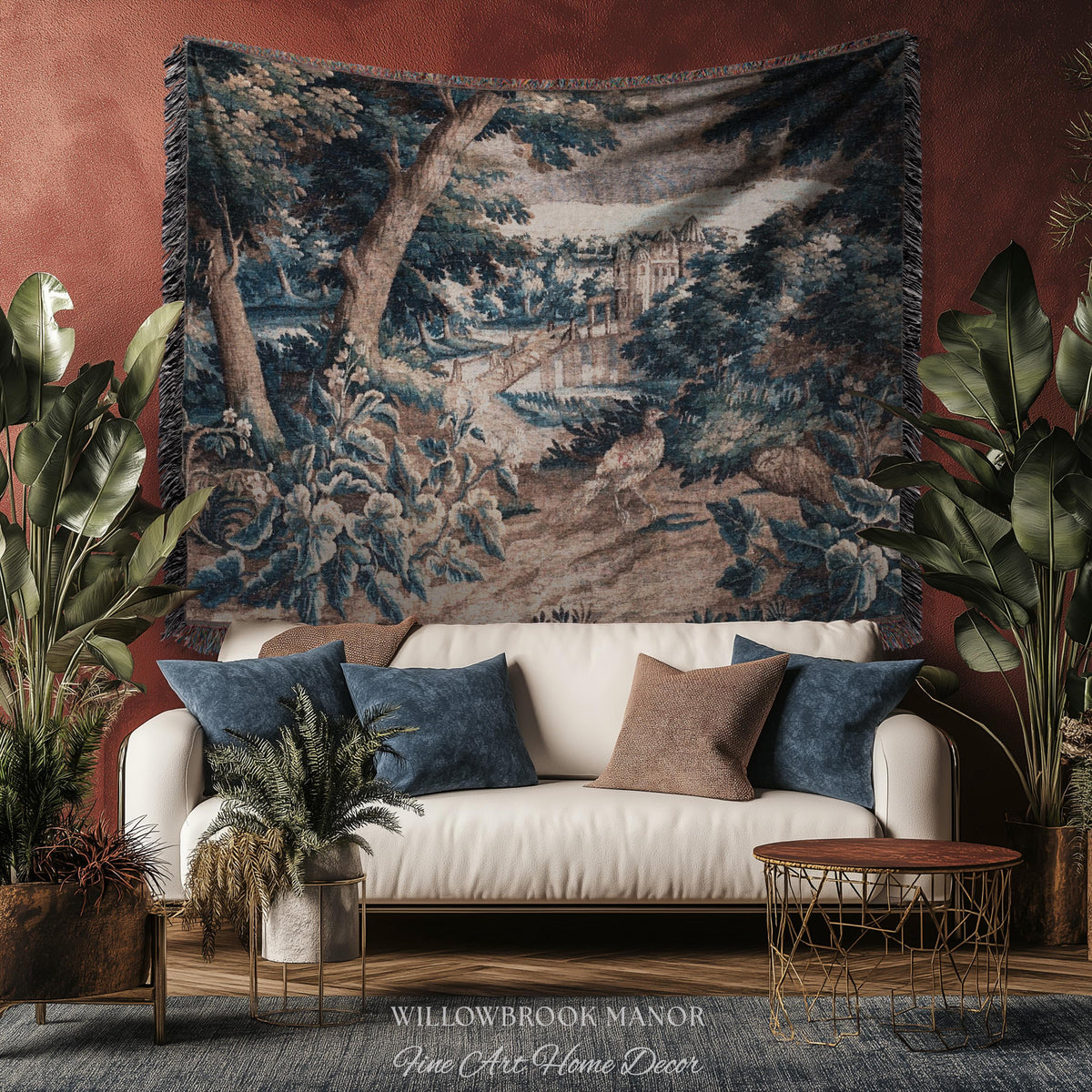 Indigo Botanical Flemish Art Verdure Antique Tapestry, Woodland Birds Traditional Historic Countryside Woven Textile Classical Belgian Decor