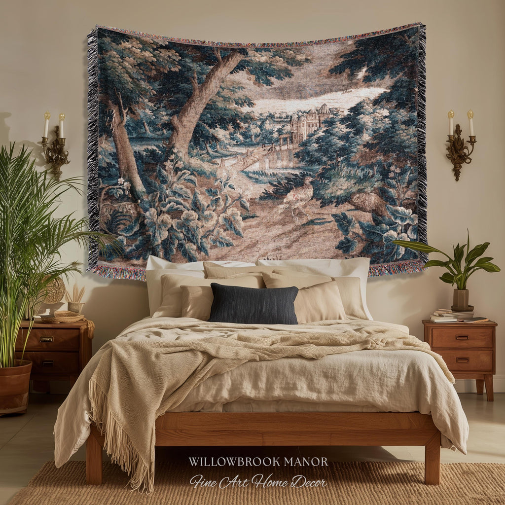 Indigo Botanical Flemish Art Verdure Antique Tapestry, Woodland Birds Traditional Historic Countryside Woven Textile Classical Belgian Decor