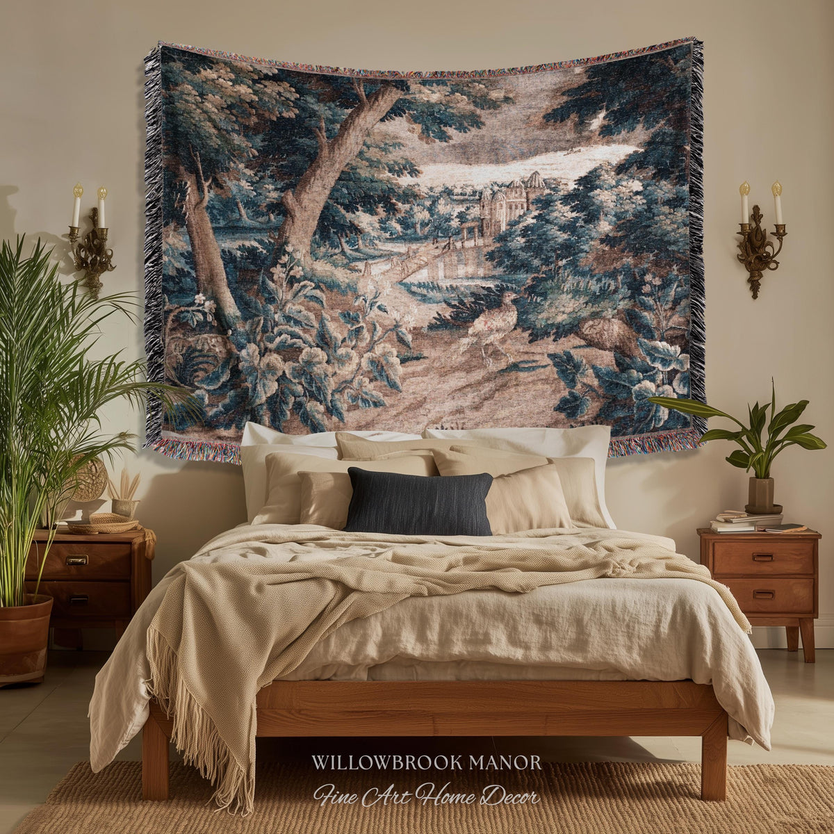 Indigo Botanical Flemish Art Verdure Antique Tapestry, Woodland Birds Traditional Historic Countryside Woven Textile Classical Belgian Decor