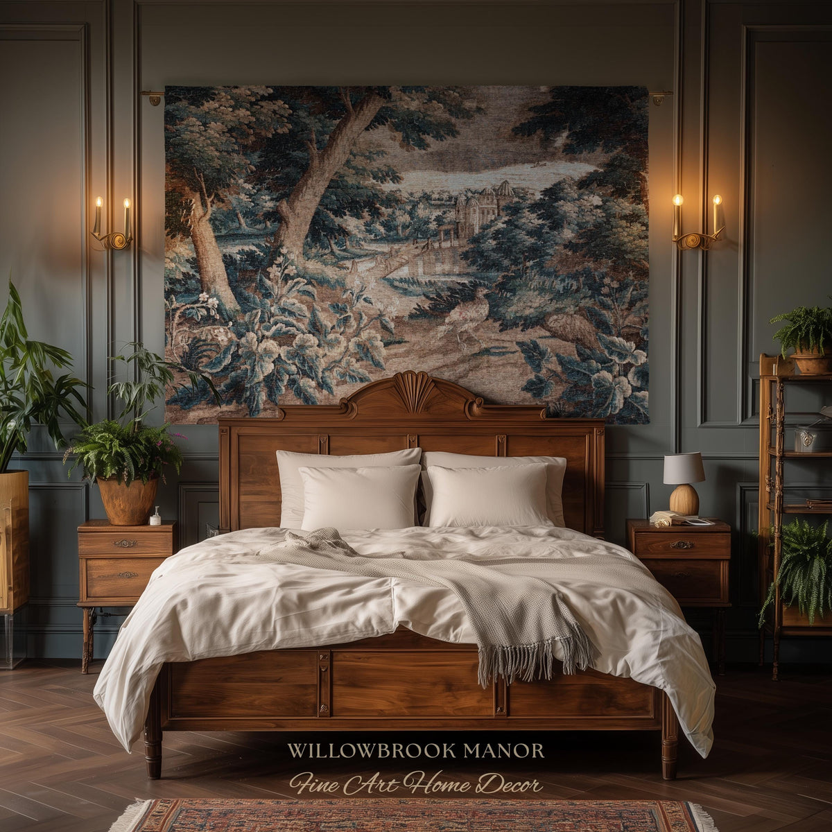 Indigo Botanical Flemish Art Verdure Antique Tapestry, Woodland Birds Traditional Historic Countryside Woven Textile Classical Belgian Decor
