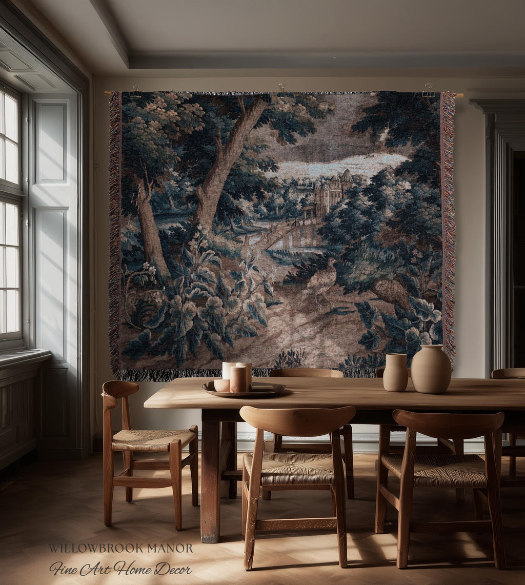 Indigo Botanical Flemish Art Verdure Antique Tapestry, Woodland Birds Traditional Historic Countryside Woven Textile Classical Belgian Decor