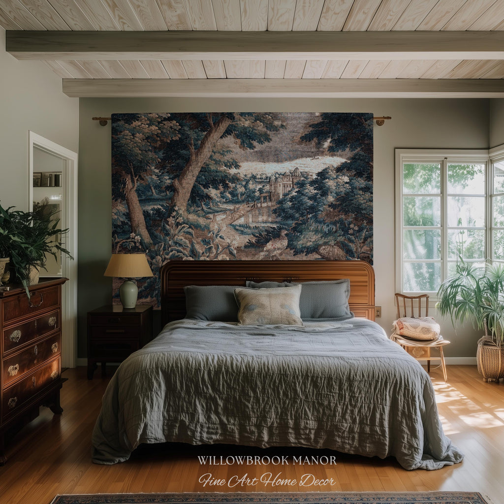 Indigo Botanical Flemish Art Verdure Antique Tapestry, Woodland Birds Traditional Historic Countryside Woven Textile Classical Belgian Decor