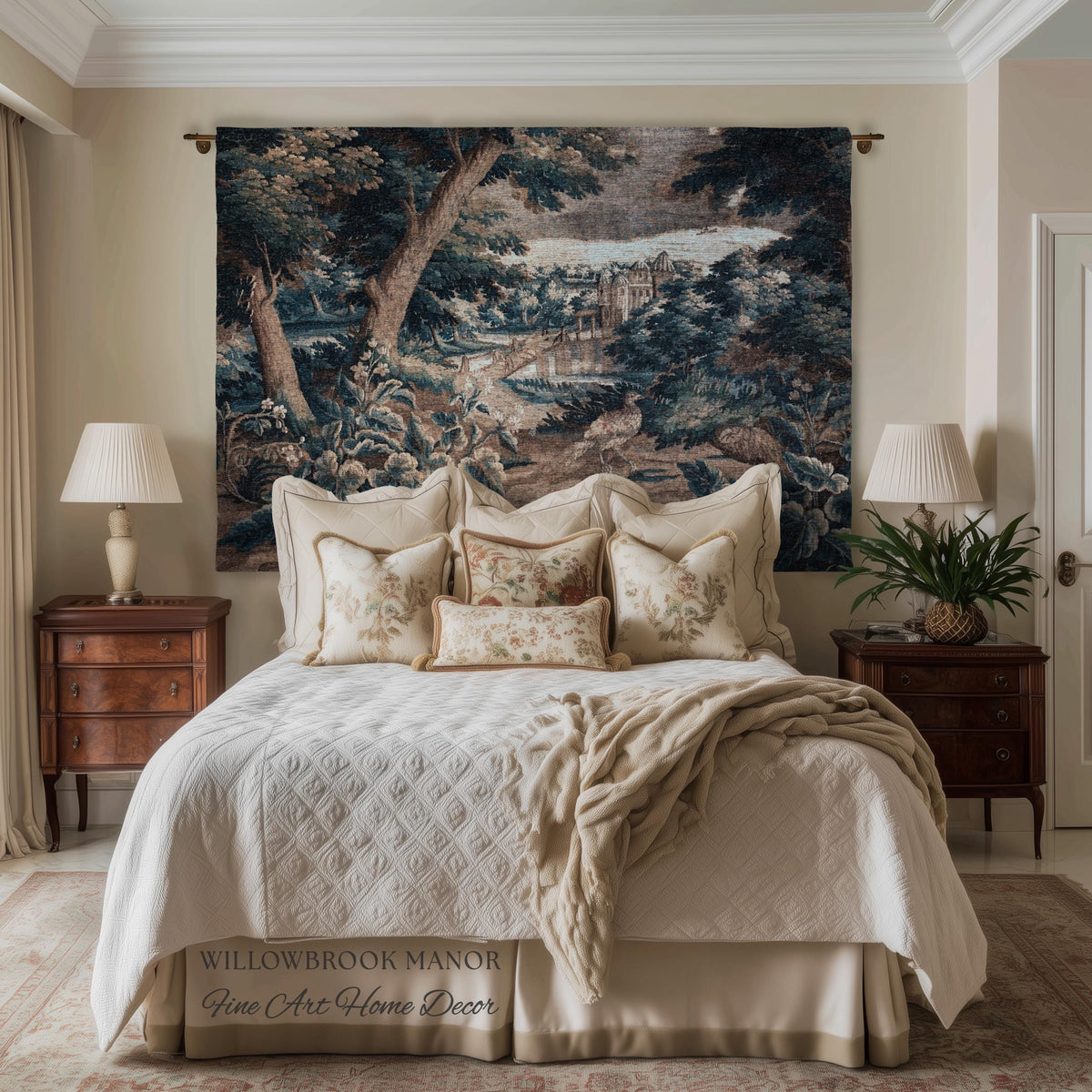 Indigo Botanical Flemish Art Verdure Antique Tapestry, Woodland Birds Traditional Historic Countryside Woven Textile Classical Belgian Decor
