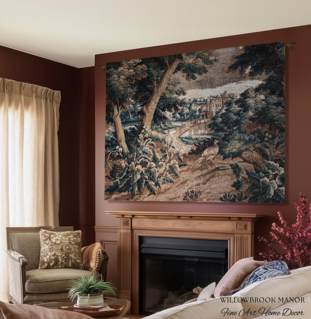 Indigo Botanical Flemish Art Verdure Antique Tapestry, Woodland Birds Traditional Historic Countryside Woven Textile Classical Belgian Decor