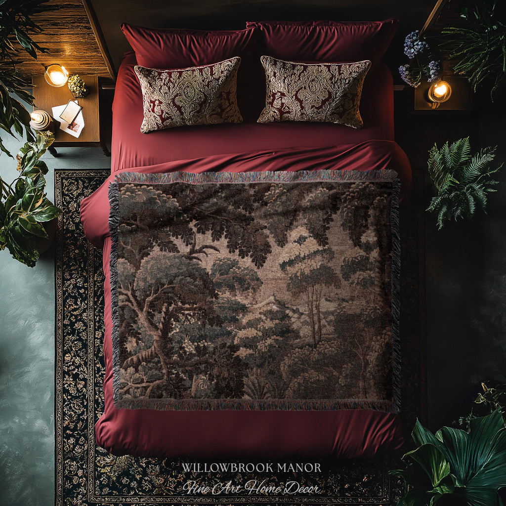 Dark Canopy Rustic Landscape Woven Wall Hanging | Old World Soft Colors French Verdure Throw Blanket 18th Century Countryside Cottage Throw