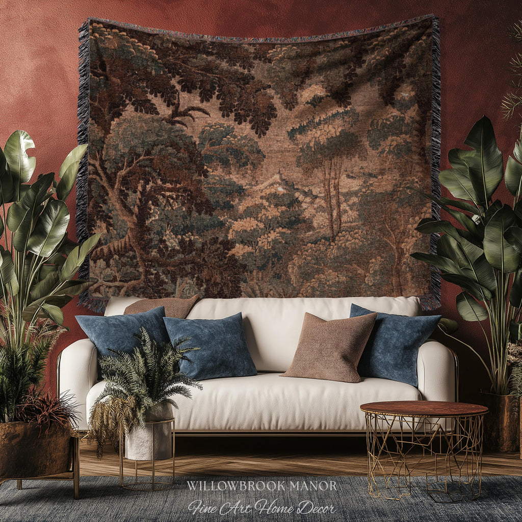 Dark Canopy Rustic Landscape Woven Wall Hanging | Old World Soft Colors French Verdure Throw Blanket 18th Century Countryside Cottage Throw