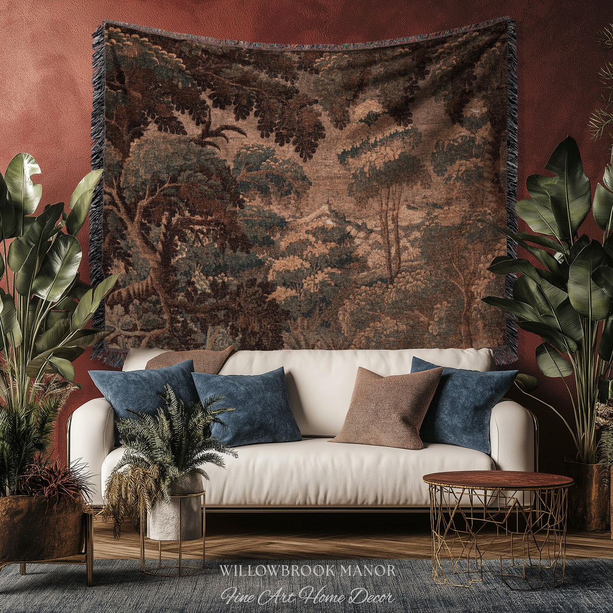 Dark Canopy Rustic Landscape Woven Wall Hanging | Old World Soft Colors French Verdure Throw Blanket 18th Century Countryside Cottage Throw