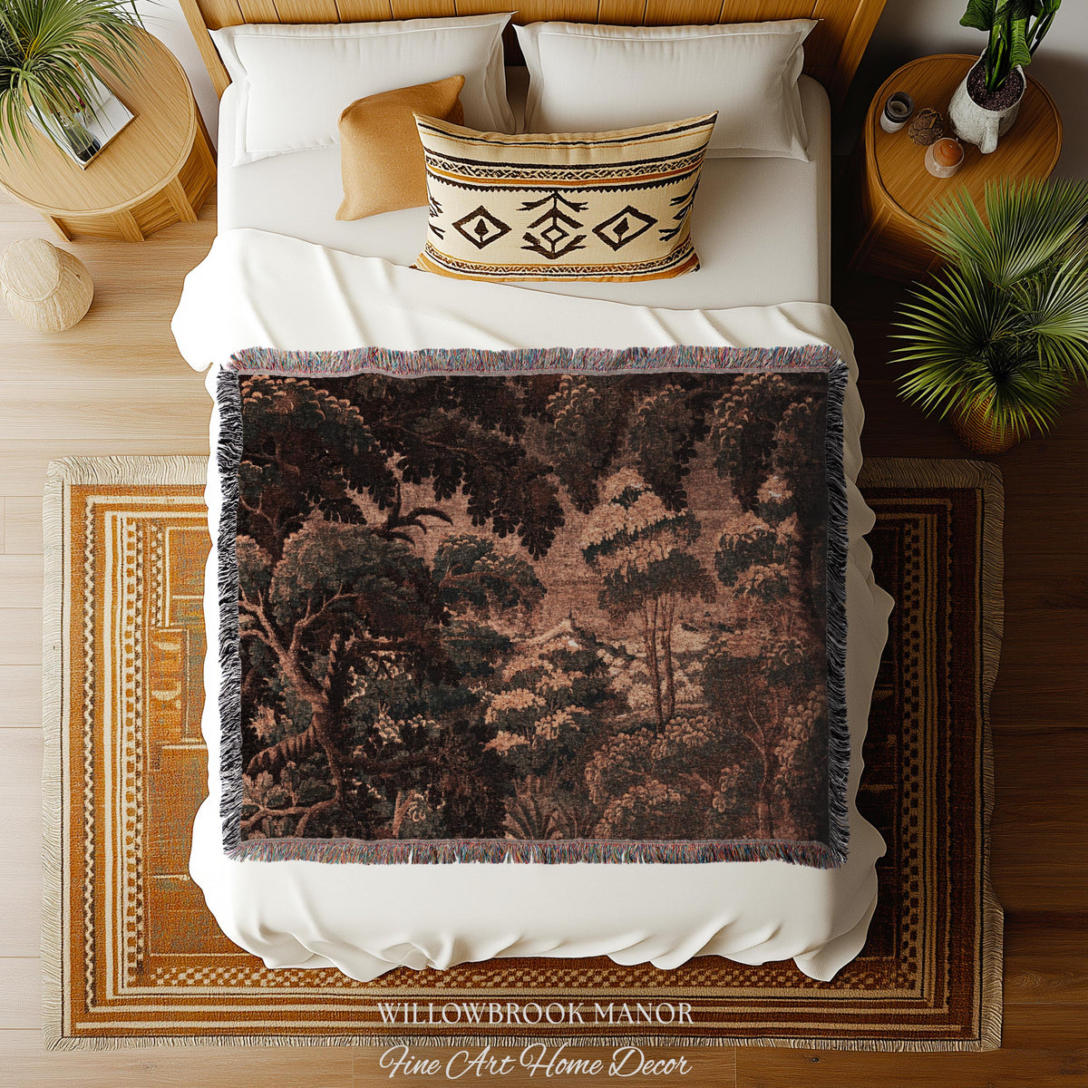 Dark Canopy Rustic Landscape Woven Wall Hanging | Old World Soft Colors French Verdure Throw Blanket 18th Century Countryside Cottage Throw