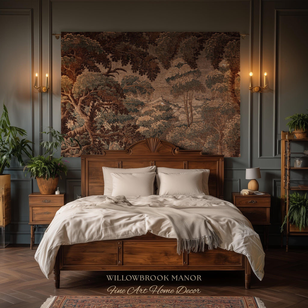 Dark Canopy Rustic Landscape Woven Wall Hanging | Old World Soft Colors French Verdure Throw Blanket 18th Century Countryside Cottage Throw