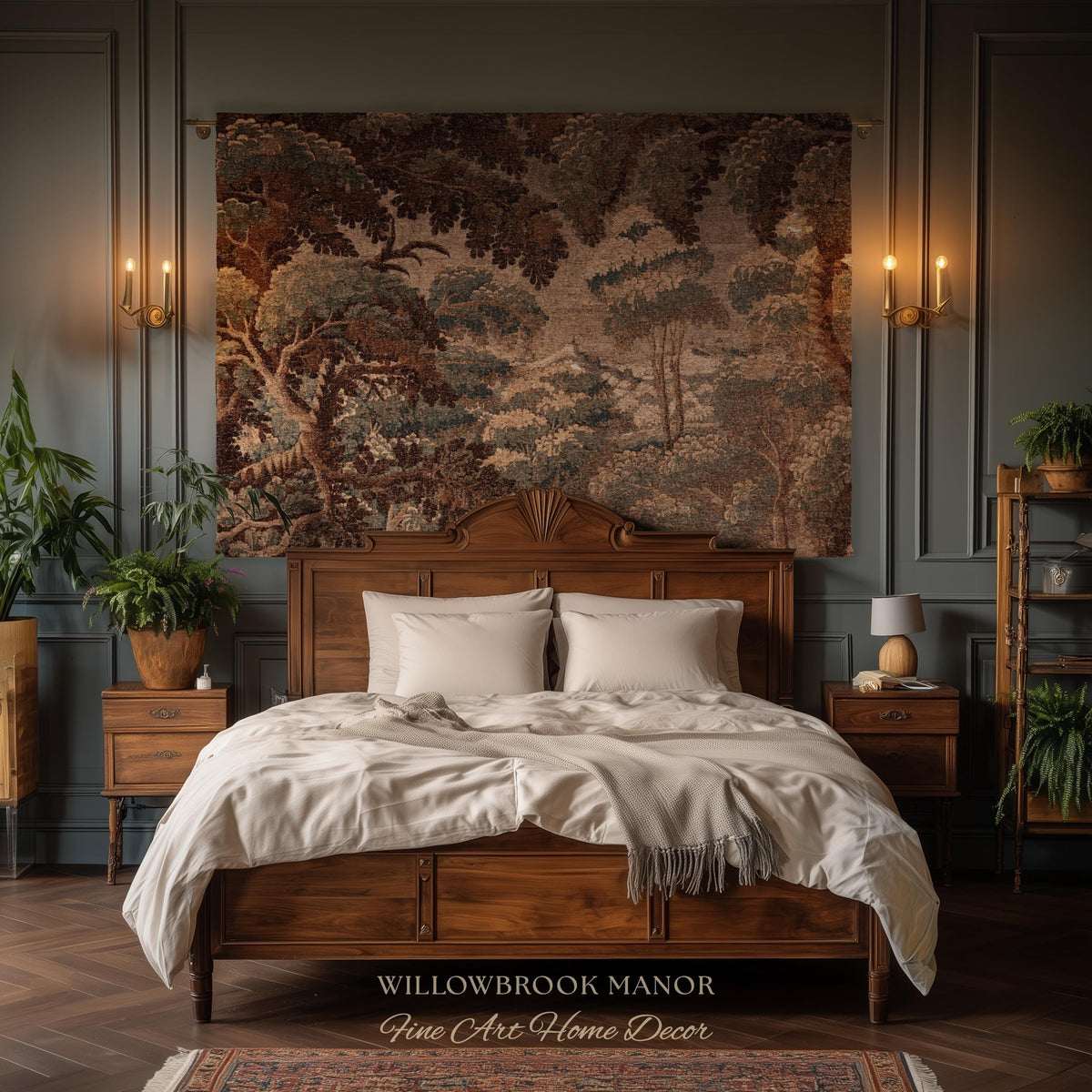 Dark Canopy Rustic Landscape Woven Wall Hanging | Old World Soft Colors French Verdure Throw Blanket 18th Century Countryside Cottage Throw
