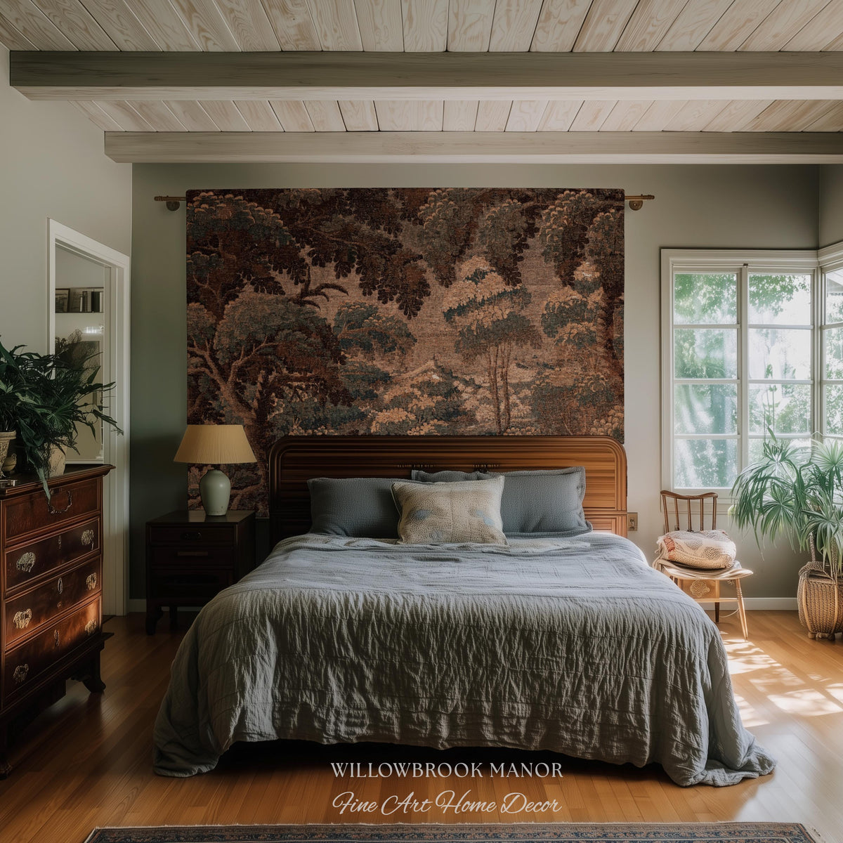 Dark Canopy Rustic Landscape Woven Wall Hanging | Old World Soft Colors French Verdure Throw Blanket 18th Century Countryside Cottage Throw