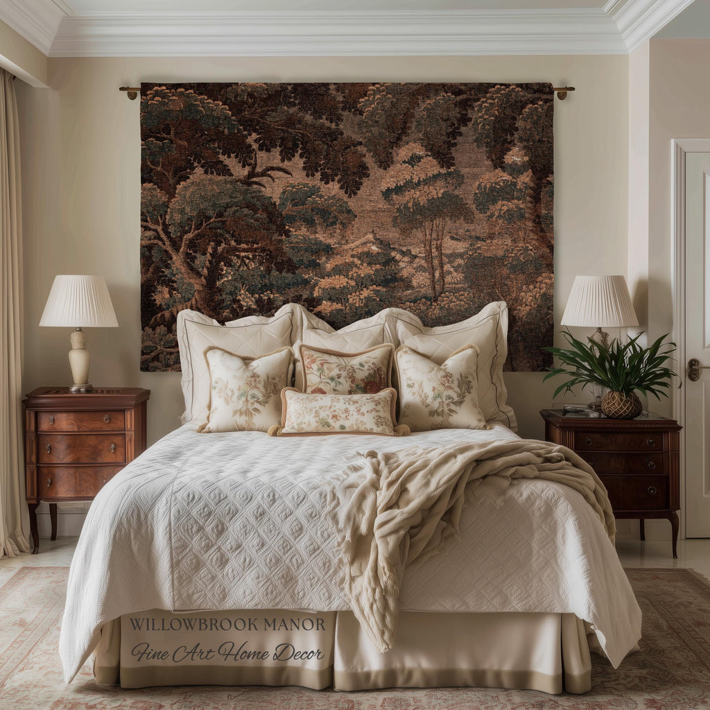 Dark Canopy Rustic Landscape Woven Wall Hanging | Old World Soft Colors French Verdure Throw Blanket 18th Century Countryside Cottage Throw