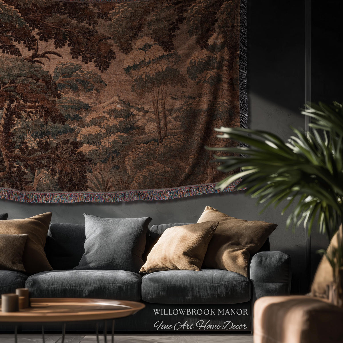 Dark Canopy Rustic Landscape Woven Wall Hanging | Old World Soft Colors French Verdure Throw Blanket 18th Century Countryside Cottage Throw