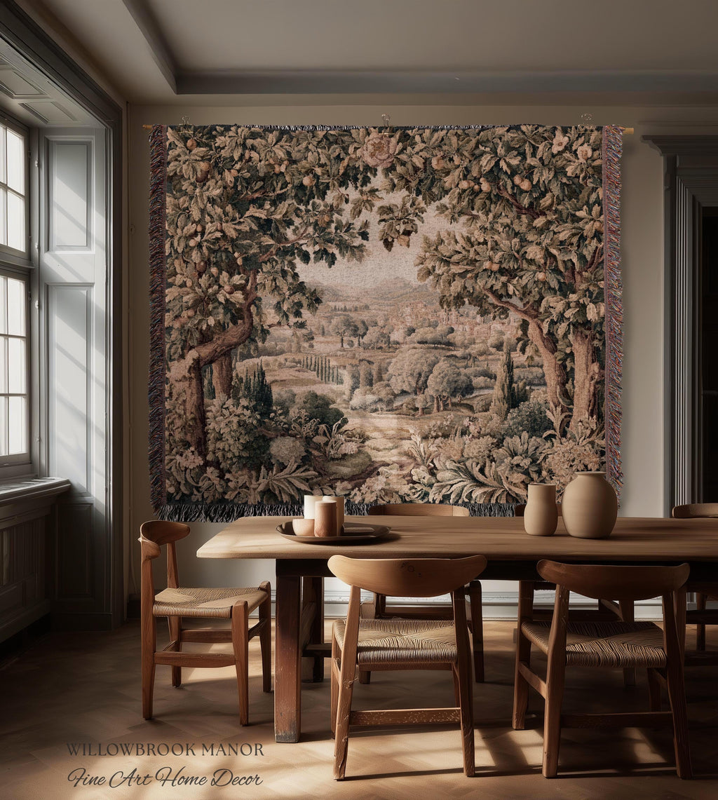 Italian Villa Countryside View Tuscan Landscape Woven Wall Tapestry | Elegant Rustic European Vintage Textile Art Pastoral Orchard Decor