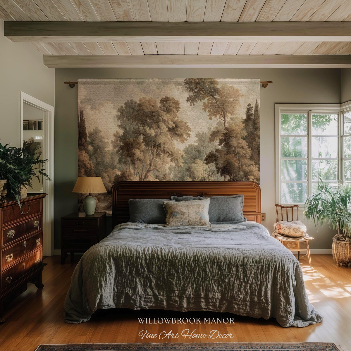 Misty Woodland Forest Landscape Tapestry Classic Elegance Woven Wall Art | Heritage Style Farmhouse Antique Forest Blanket Earthy Home Decor