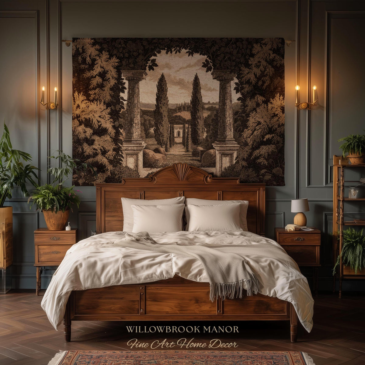 Tuscan Landscape Woven Decor Tapestry Headboard Italian Garden Terrace Art, Cypress Trees Classic Countryside Villa View Rustic Wall Hanging