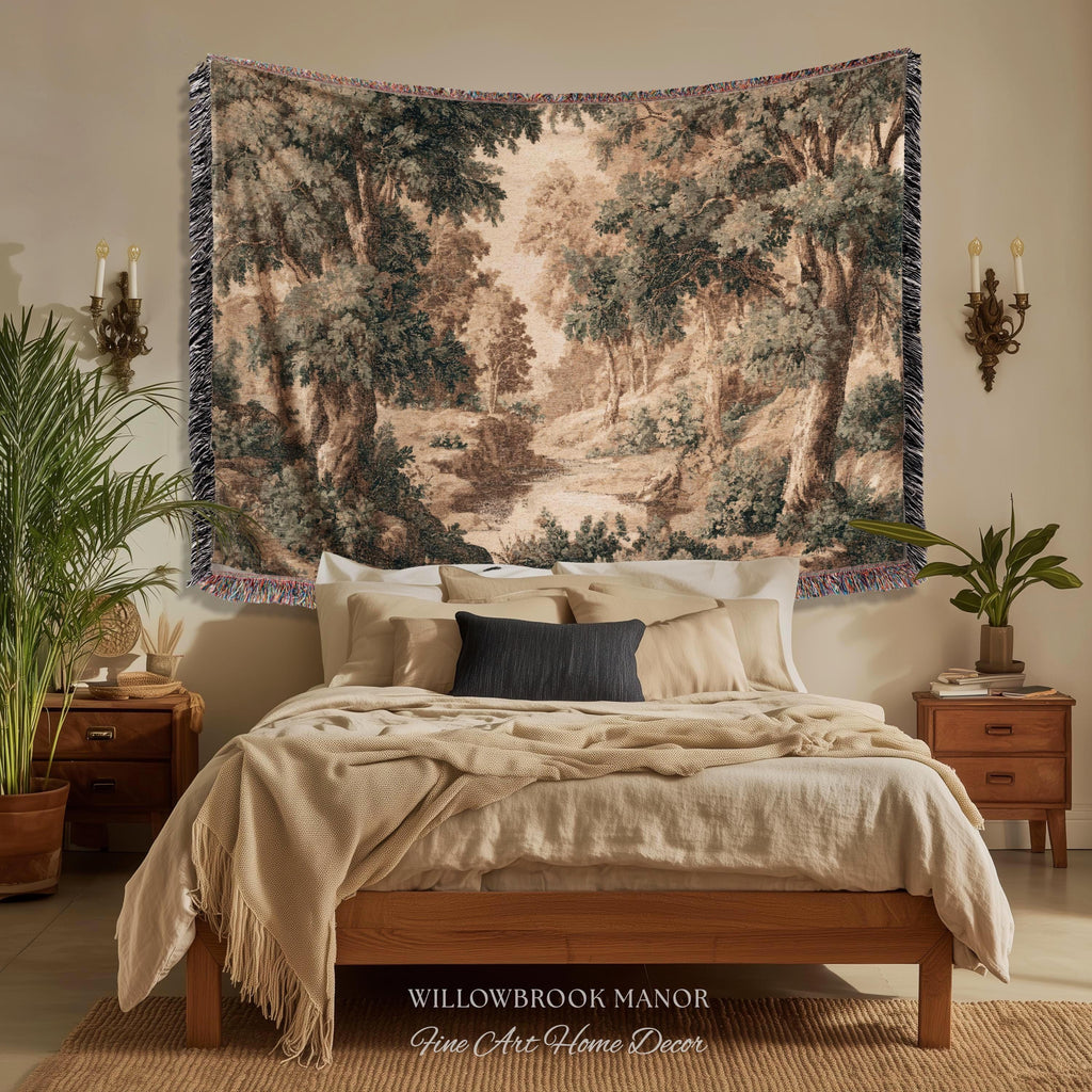 French Verdure Forest Tapestry Woven Wall Hanging Pastoral Landscape Bedroom Art | Romantic European Woodland Heritage Textile Cotton Throw