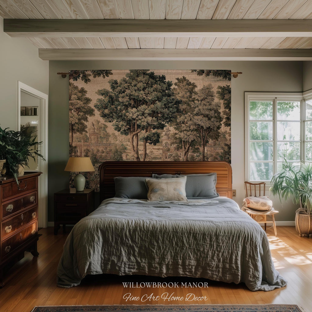 Scenic Countryside Manor English Garden Art Woven Tapestry | Estate Landscape Woodland Charm Old World European Pastoral Heritage Textile