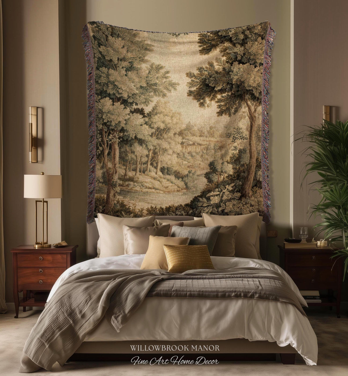 Soft Nature Tapestry Pastoral Wall Art Riverbank Scene 18th Century Decor | Muted Green Landscape Verdure Tapestries Scenic Woven Blanket