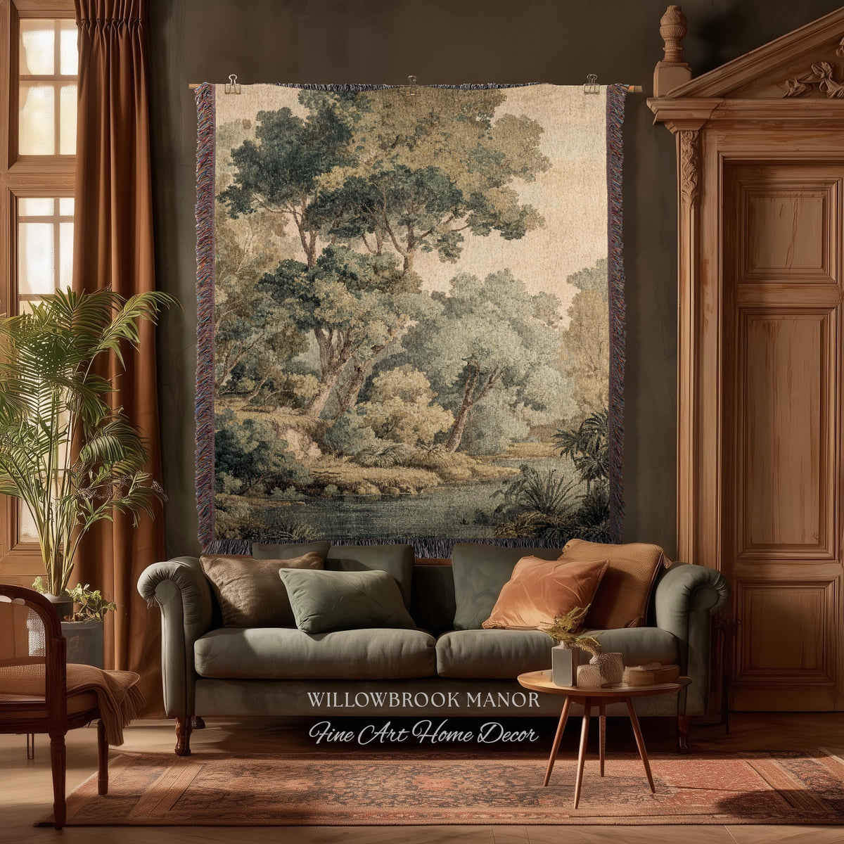 Serene Nature Scene Woven Tapestry Throw European Textile Art, Misty Woodland Art Elegant Earth Tone Forest Wall Hanging Heritage Home Decor
