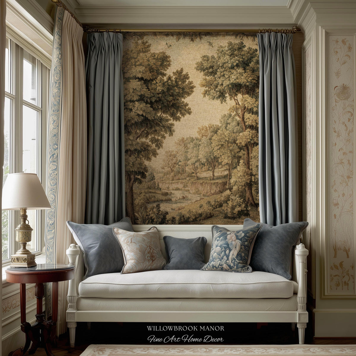 Classic Old World Countryside Riverbank Tapestry Throw Neutral Landscape Textile Art | Elegant Nature Woodland Woven Blanket Wall Hanging