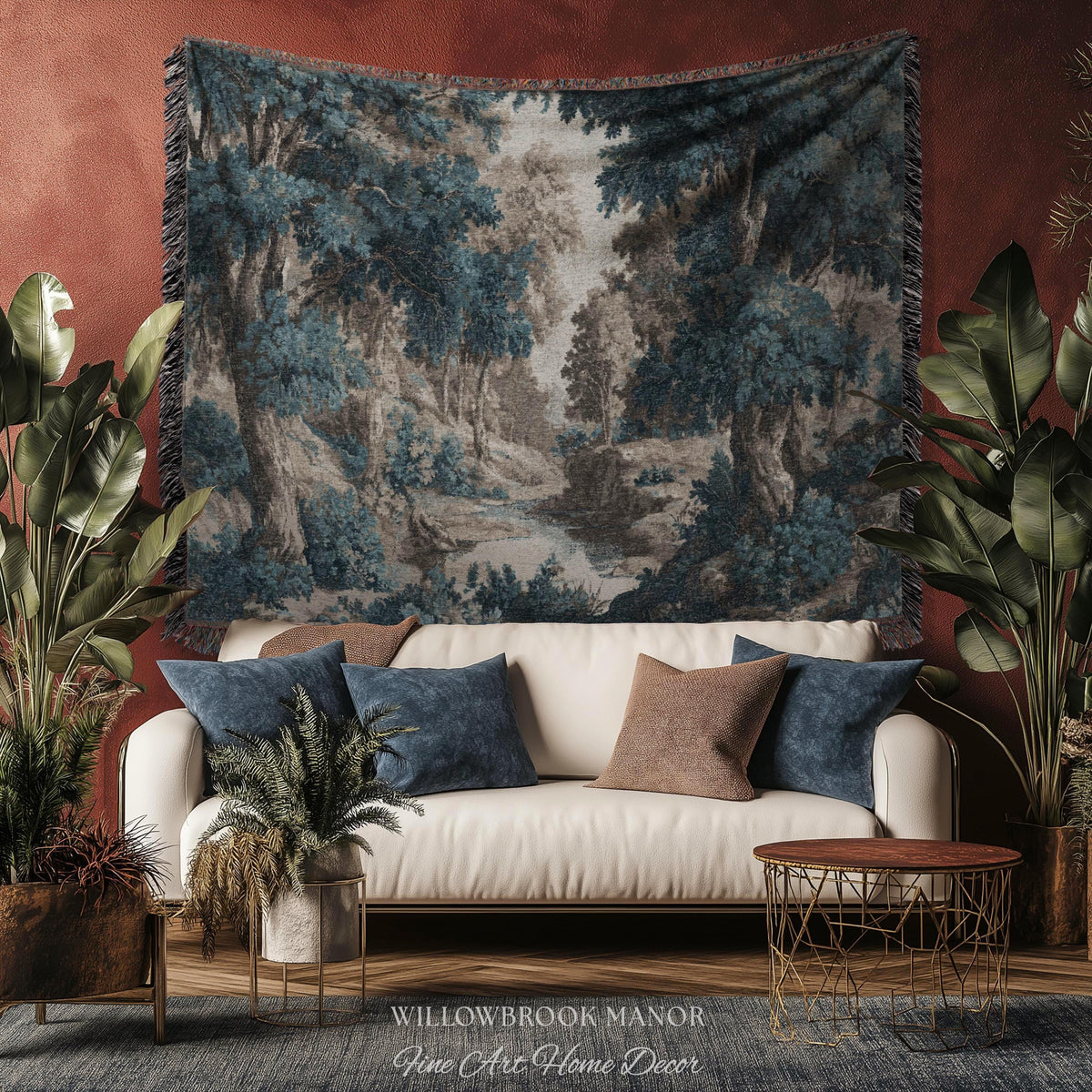 Moody Landscape Verdure Woven Blanket Forest River Tapestry Decor | Indigo Botanical Woodland Throw Cottagecore Nature Rustic Blue Wall Art