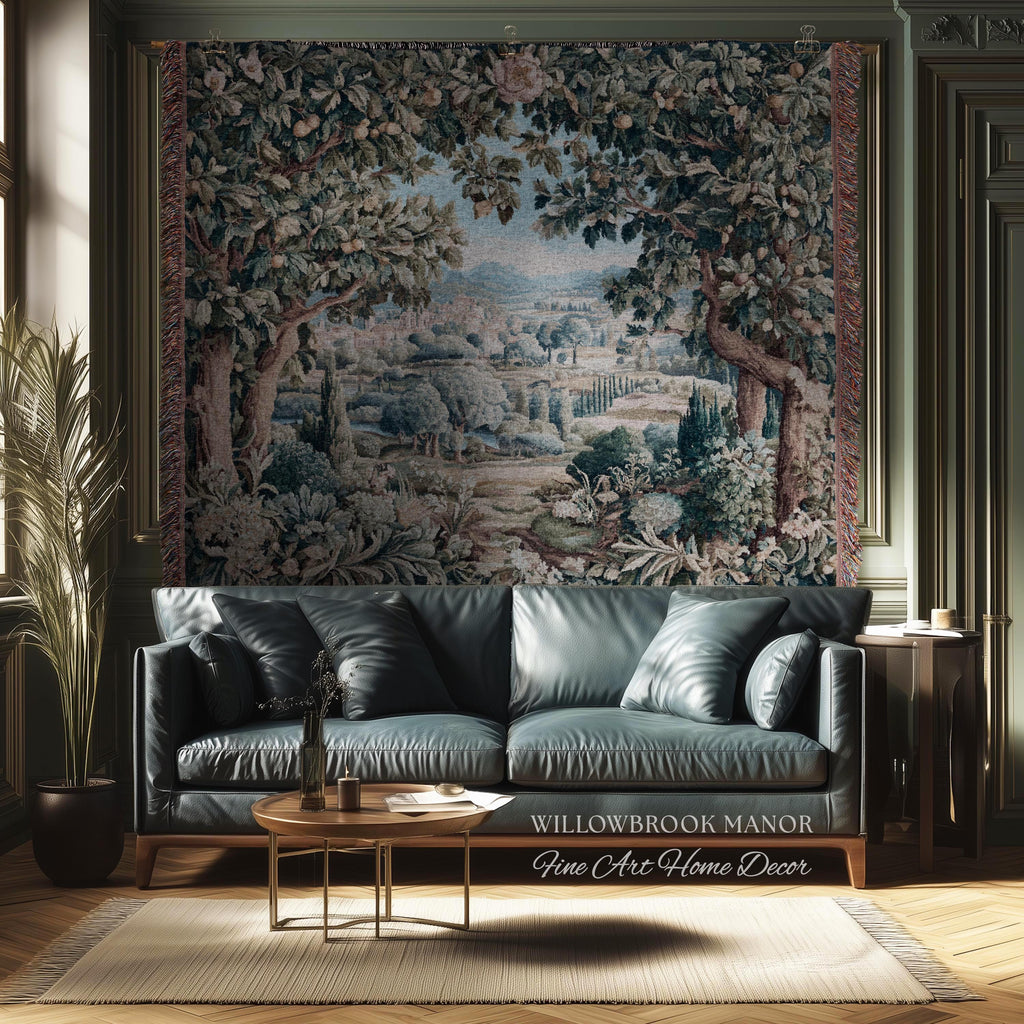 Orchard Landscape Aubusson Woven Tapestry Throw Scenic Views Romantic European Countryside Textile Art | Pastoral Blanket Valley Wall Decor