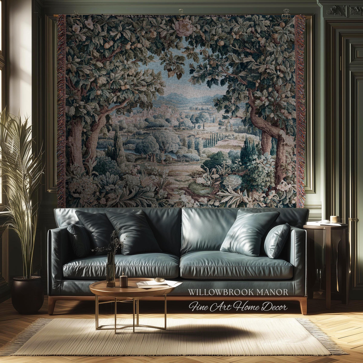 Orchard Landscape Aubusson Woven Tapestry Throw Scenic Views Romantic European Countryside Textile Art | Pastoral Blanket Valley Wall Decor