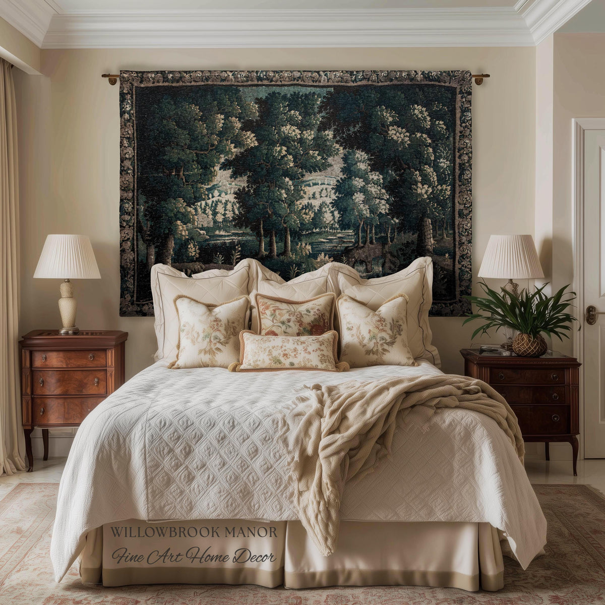 17th Century French Verdure Woodland Tapestry Throw Woven Forest River Landscape Textile Art | Aubusson Style Antique Country Manor Wall Art