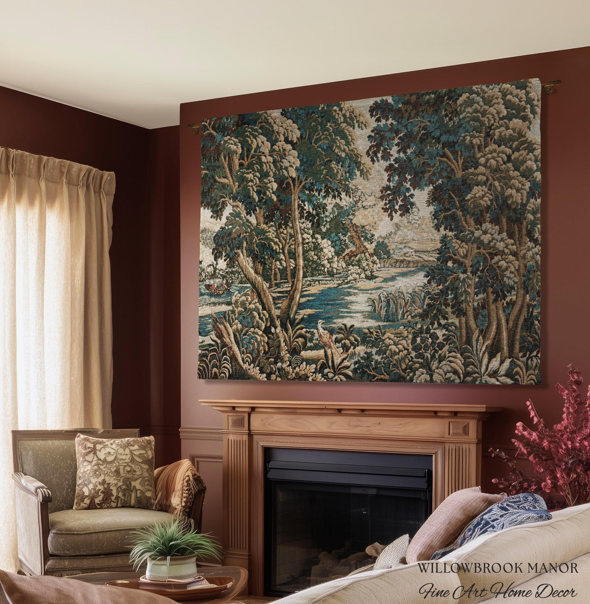 Baroque Pastoral Forest Riverbank Scene Flemish Tapestry Woven Verdure | European Village Antique Textile Heritage Art Countryside Blanket