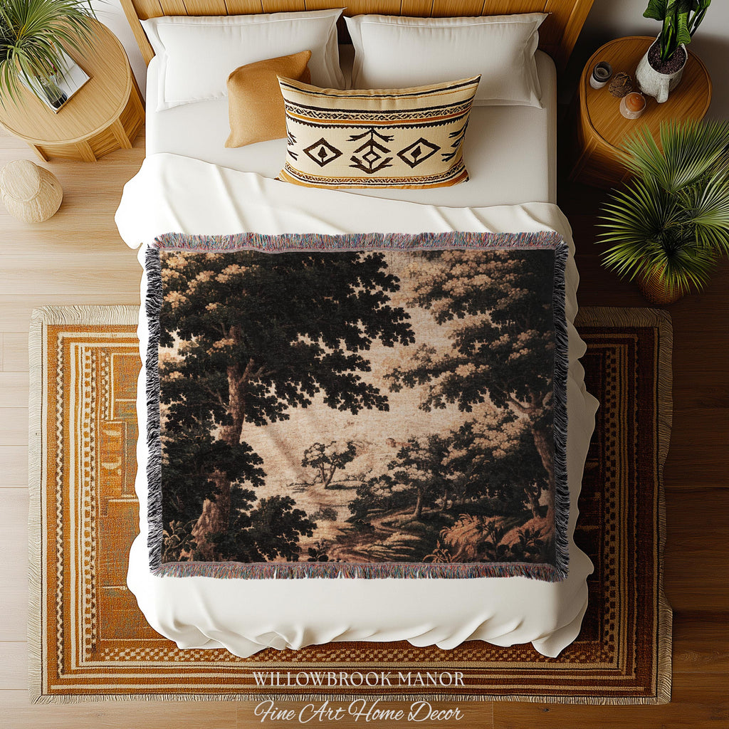 Earthy Woodland Woven Hanging Jacquard Tapestry Throw Blanket Old World Home Decor, Elegant English Country Foggy Woods Rustic Landscape Art