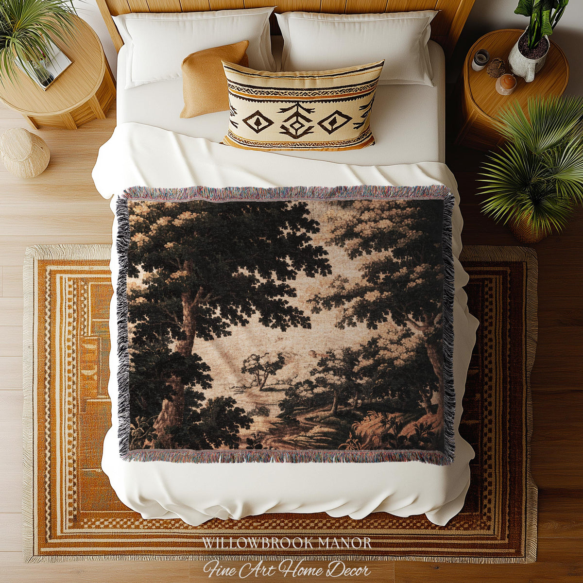 Earthy Woodland Woven Hanging Jacquard Tapestry Throw Blanket Old World Home Decor, Elegant English Country Foggy Woods Rustic Landscape Art