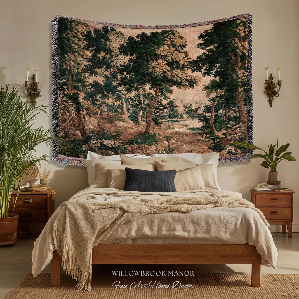 Woodland Forest Woven Blanket Wall Tapestry Decor | Antique French Textile Jacquard Tree Scene Art Traditional Greenery Pond Landscape Throw