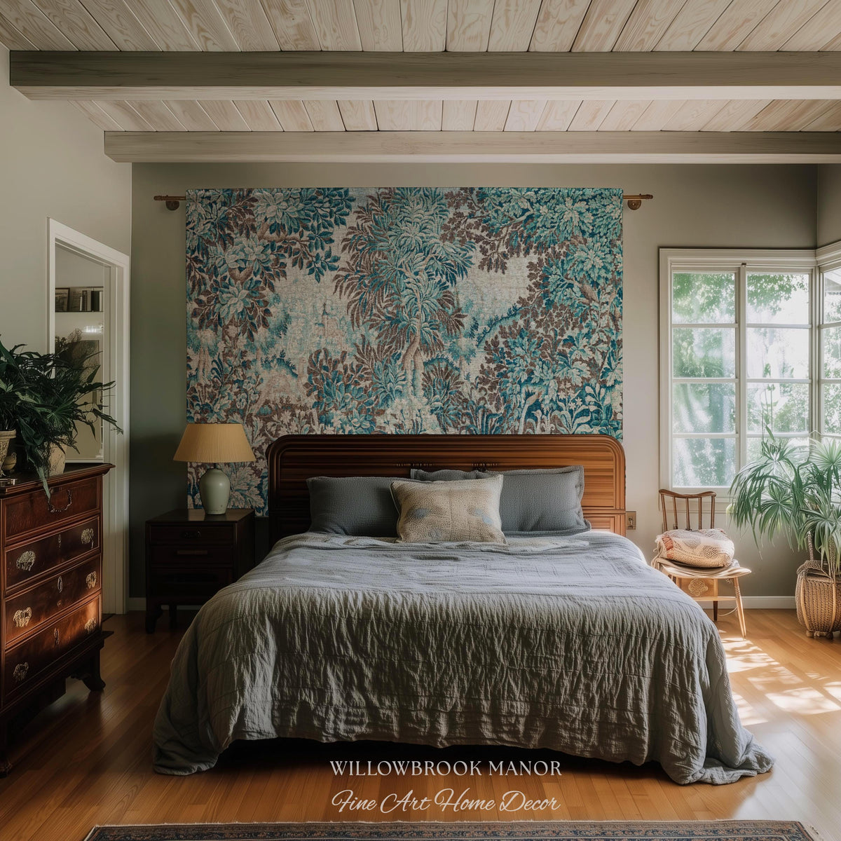 Ethereal Woodland Teal Blue French Tapestry Aubusson Chateau Style Textile Wall Decor | Tranquil Scene Vintage Verdure Forest Landscape Art